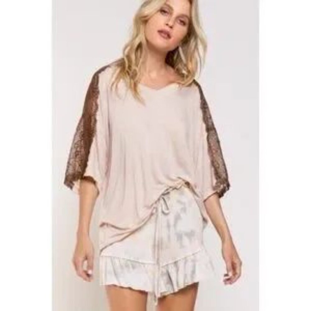 POL Beige Lace Detail Half Sleeve Oversized Tee - Picture 4 of 5